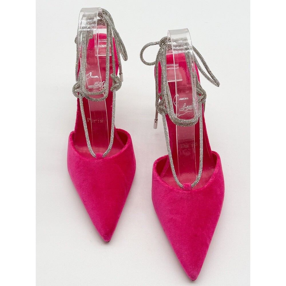 CHRISTIAN LOUBOUTIN Astrid Lace Strass 85 Pink Velvet Pumps Ankle Tie EU 39 US 9 - Picture 9 of 13